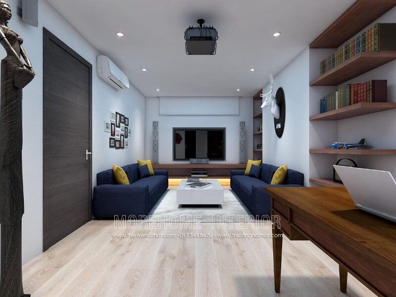 Sofa hiện đại bọc nỉ màu xanh cô ban với các đường may tinh tế, tỉ mỉ  làm nổi bật lên không gian phòng khách của gia đình bạn