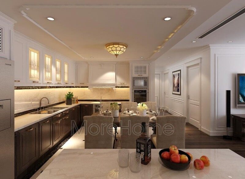 +18 Công trình thiết kế phòng bếp chung cư 3D tân cổ điển, đẹp, sang trọng 2022-2024
