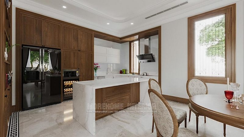 Thiết kế nội thất phòng bếp đẹp với chất liệu gỗ tự nhiên, đá ốp bàn bếp, tủ rượu,...